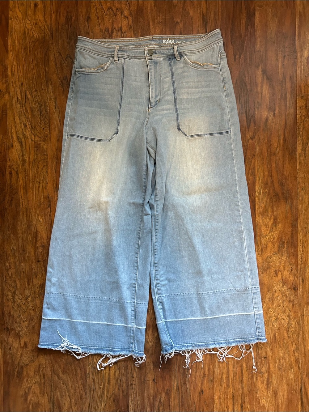 Light Blue Wide Leg Distressed Jeans Culottes with Frayed Hem - Picture 2 of 13